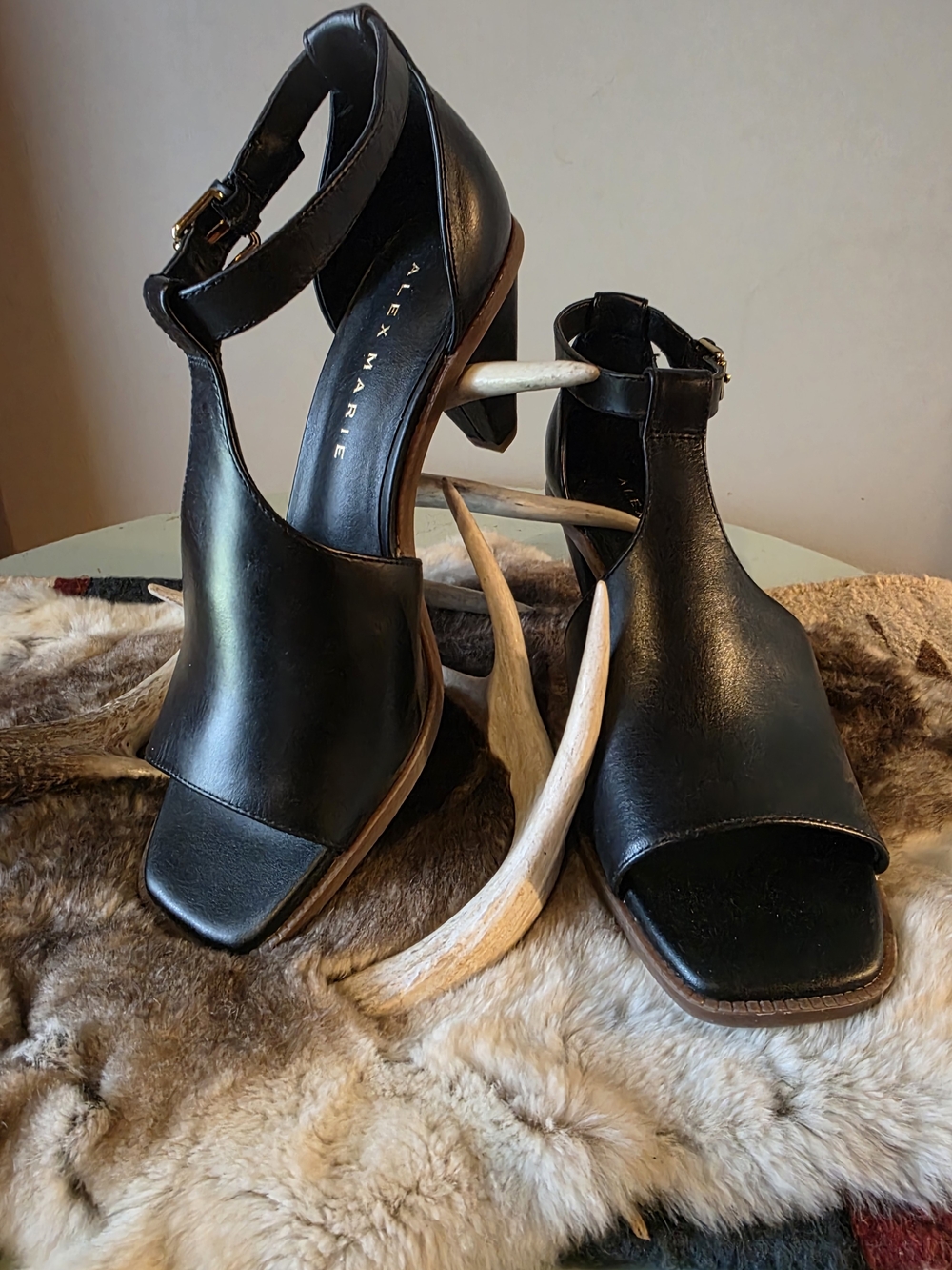 Alex Marie Black Leather Open-Toe Ankle Strap Heels